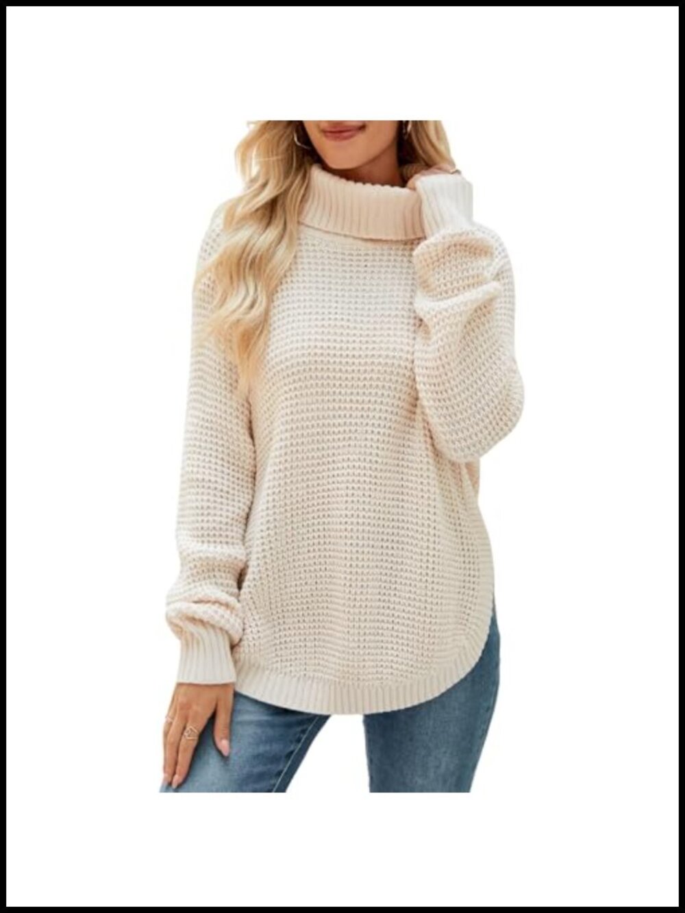 Ribbed Knit Turtleneck Sweater Loose Casual Long Sleeve Split Pullover